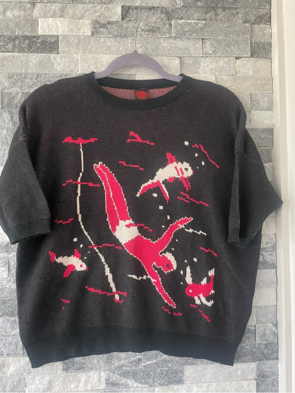 Women’s HAPPY SHEEP Short Sleeve Silk & Cashmere Sweater-Diver & Fish—Small